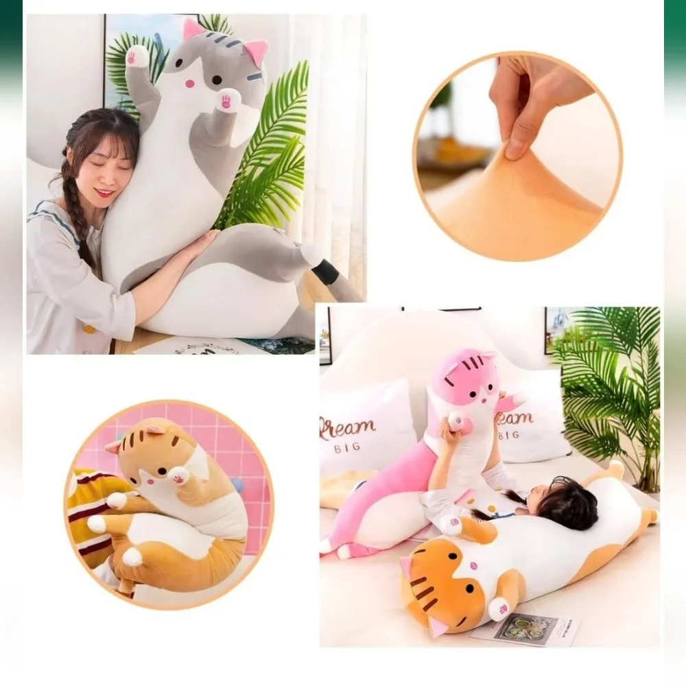 Cute Cat Plush Long Body Pillow – Soft Cartoon Stuffed Animal Doll, Kawaii